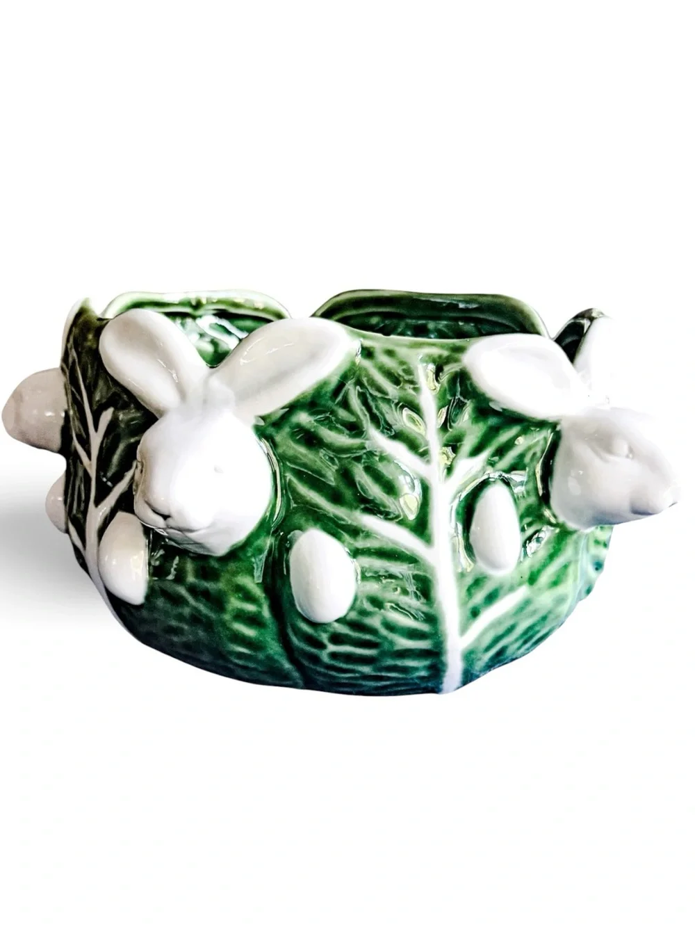 Vintage Maxcera Cabbages Bunny Planter | Green Ceramic Rabbit Cachepot